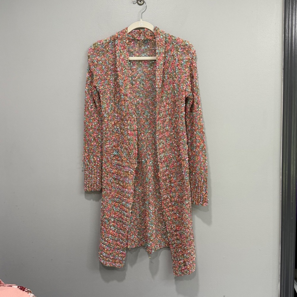 Anthropologie One Girl Who Confetti Eyelash Knit Longline Cardigan Open Front M